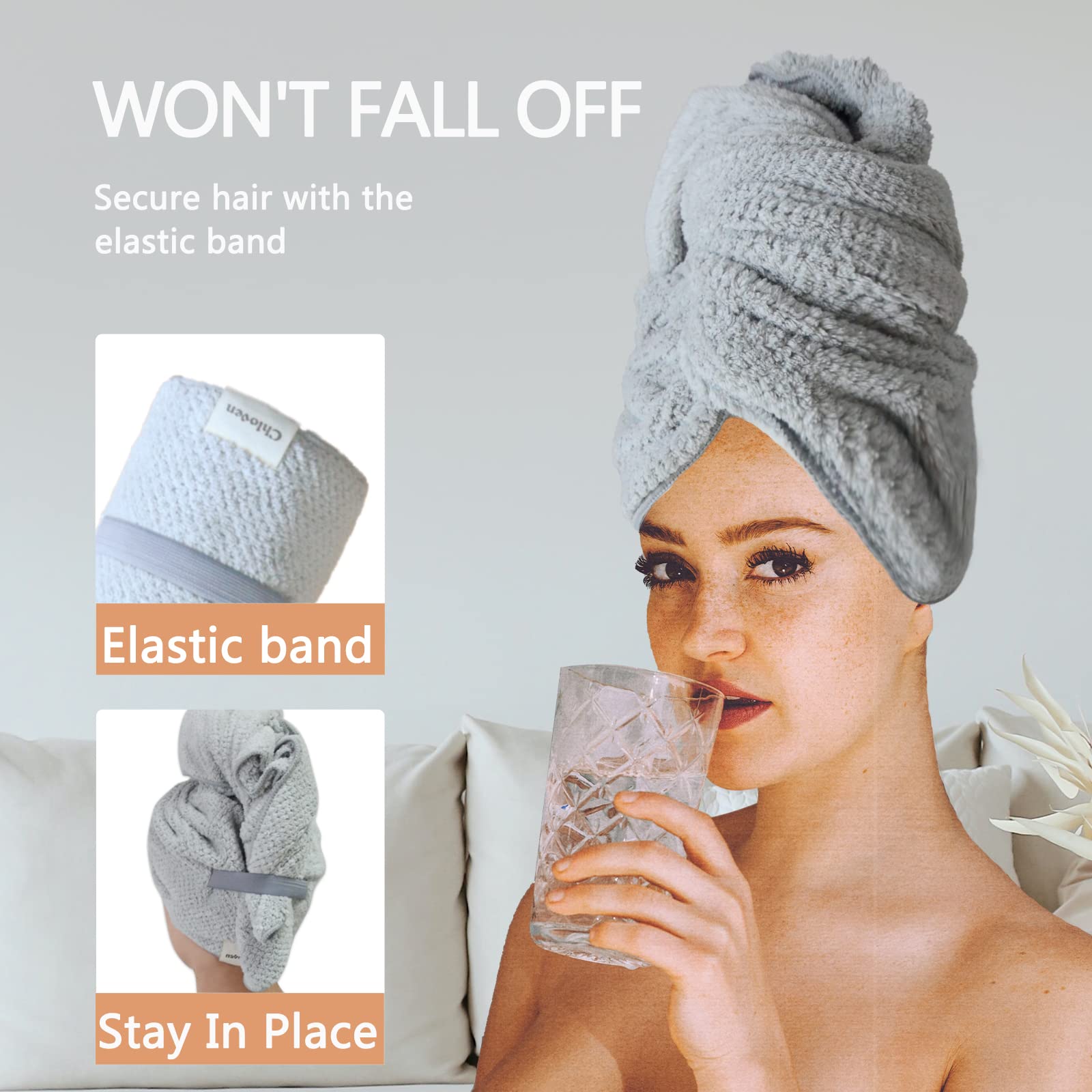 Chloven 2 Pack Extra Large Microfiber Hair Towel Wrap for Women,43 inch X 24 inch Anti Frizz Hair Drying Towel with Elastic Stra